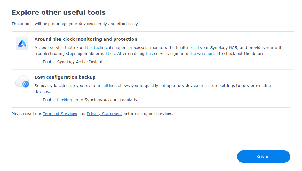 DSM Configuration: Configure Active Insight & Synology Account Backup