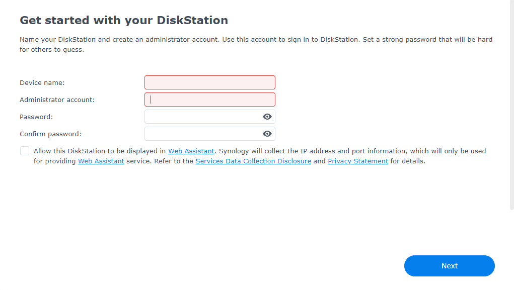 DSM Configuration: Configure name and administrator